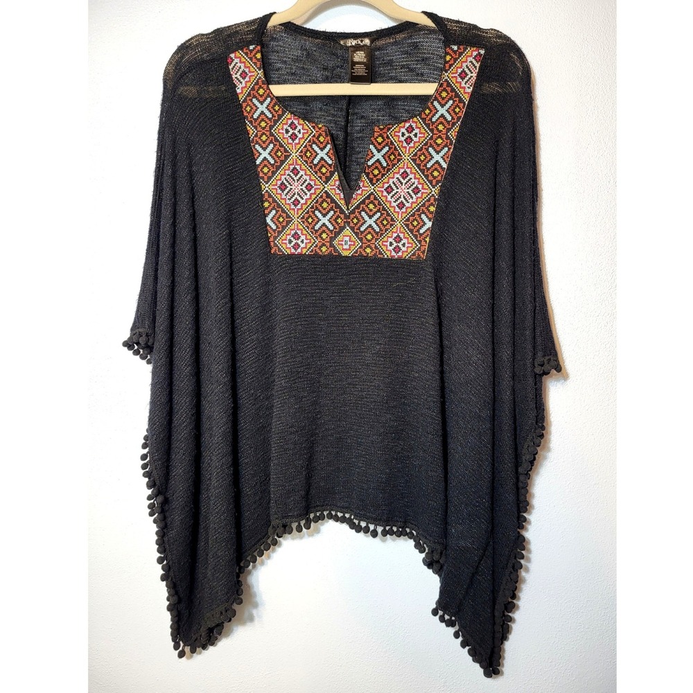 Rock 47 by Wrangler Black Embroidered Pom Pom Trim Poncho Top XL Western Boho